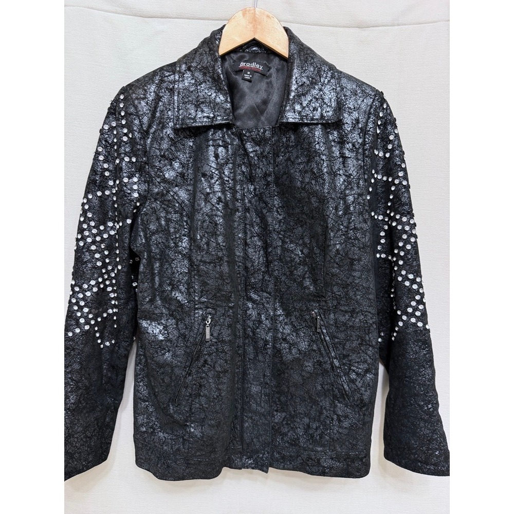 Vintage Y2K Bradley Bayou Crackle Leather Rhinestone Studded Moto Jacket Medium